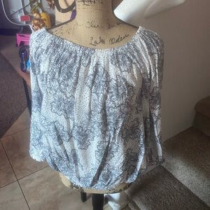 Tommy Hilfiger White and Navy Floral Off-Shoulder Blouse